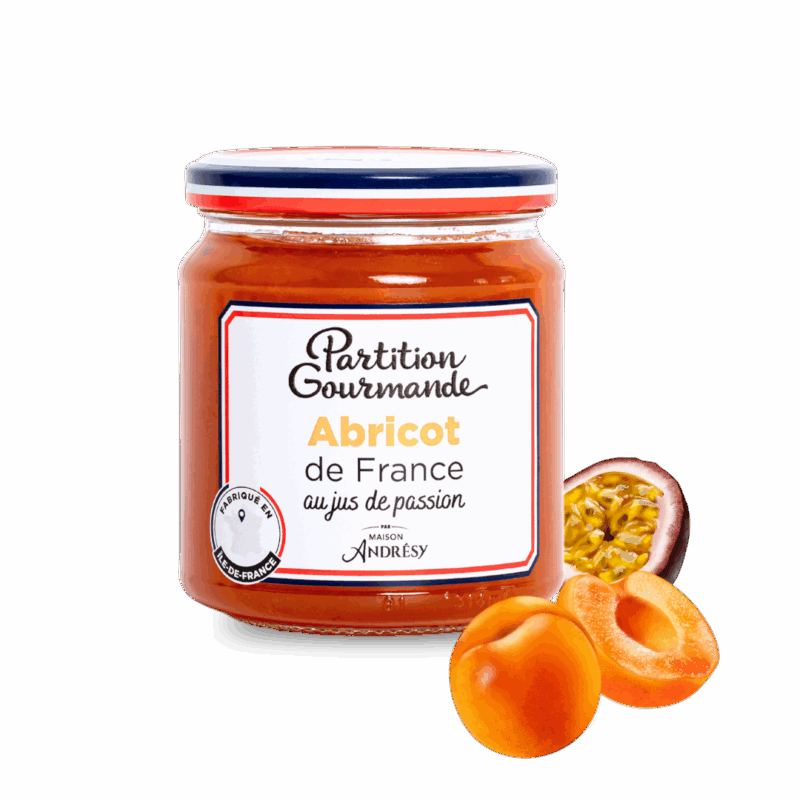 Partition Gourmande - Abricots de France et jus de passion - pot et ingrédients