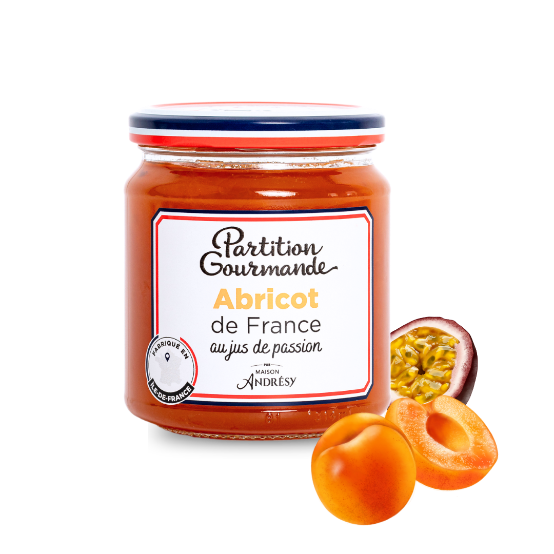 Partition Gourmande - Abricots de France et jus de passion - pot et ingrédients
