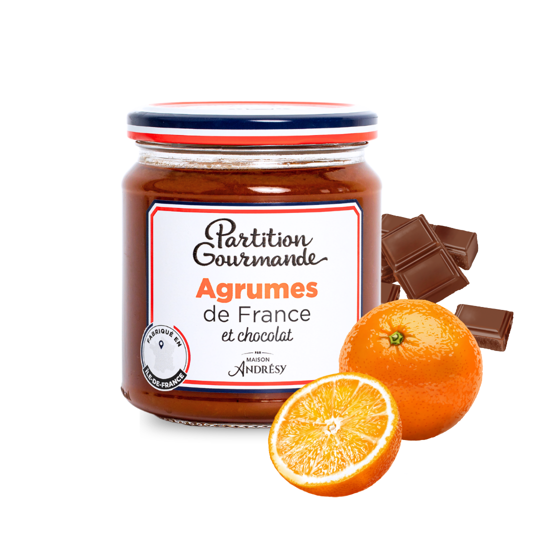 Partition Gourmande - Agrumes de France et chocolat - pot et ingrédients