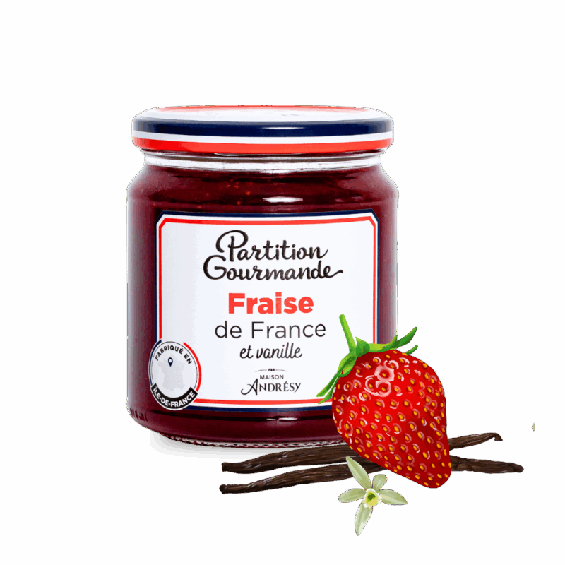 Partition Gourmande - Fraise de France et vanille - pot et ingrédients