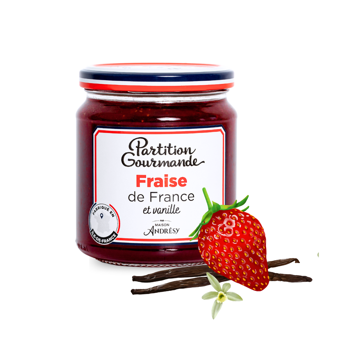 Partition Gourmande - Fraise de France et vanille - pot et ingrédients