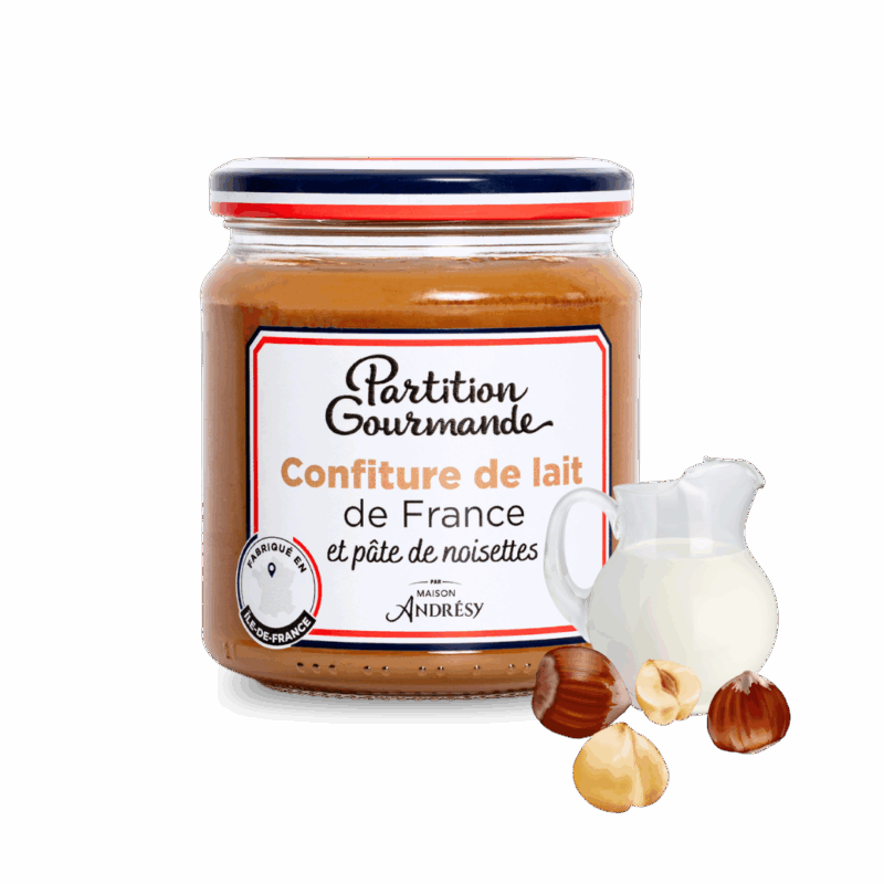 Partition Gourmande - Lait de France et noisettes - pot et ingrédients