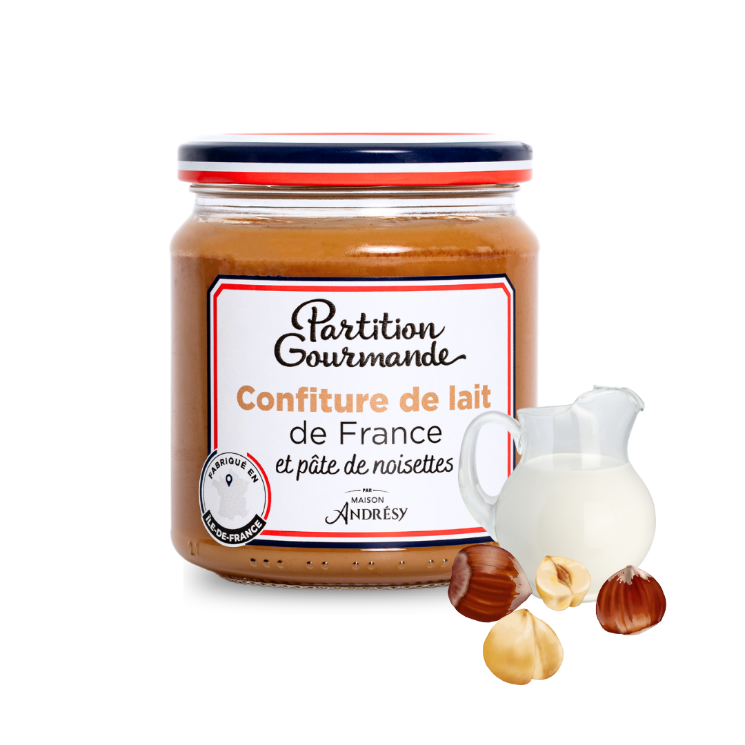 Partition Gourmande - Lait de France et noisettes - pot et ingrédients
